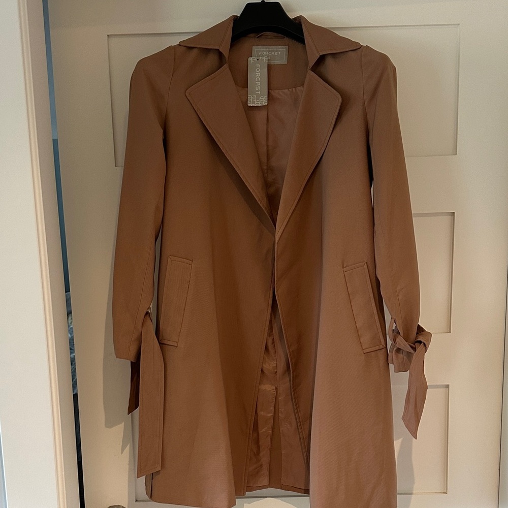 Forcast Camel Trench Coat with Tie Cuff Details